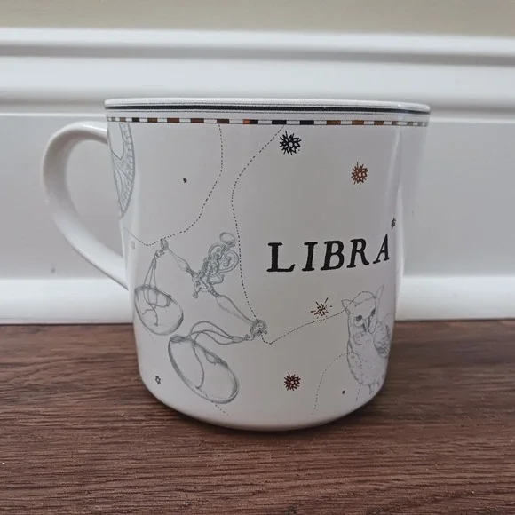 Williams Sonoma Libra Zodiac Coffee Mug White Gold Astrology Scales Owl Cup