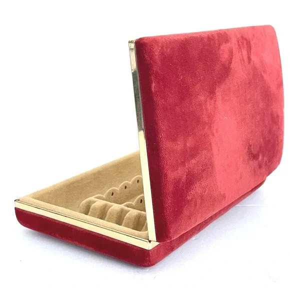 Vintage Mele Red Velvet Jewelry Travel Case Gold Tone Trim Clamshell Organizer‎