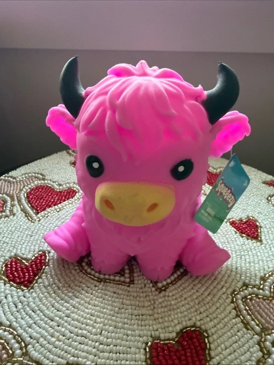 Squeeze Pink Plush Yak with Black Horns and Yellow Snout