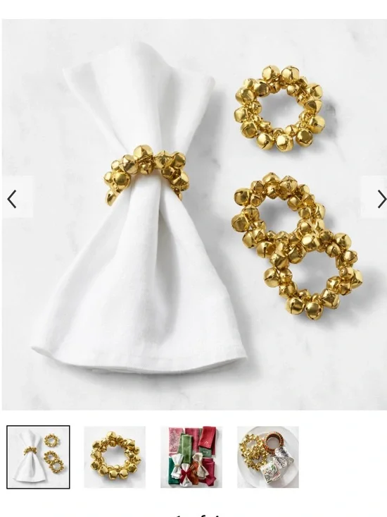 Williams Sonoma Gold Jingle Bell Napkin Rings Set of 4 Holiday Christmas  new‎