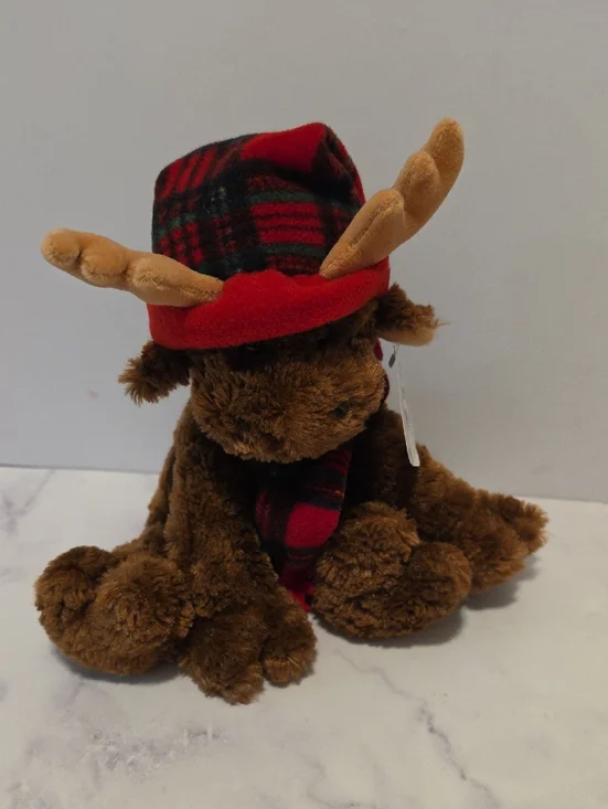 GUND Brown Moose Plush with Red Plaid Hat and Scarf Brand New