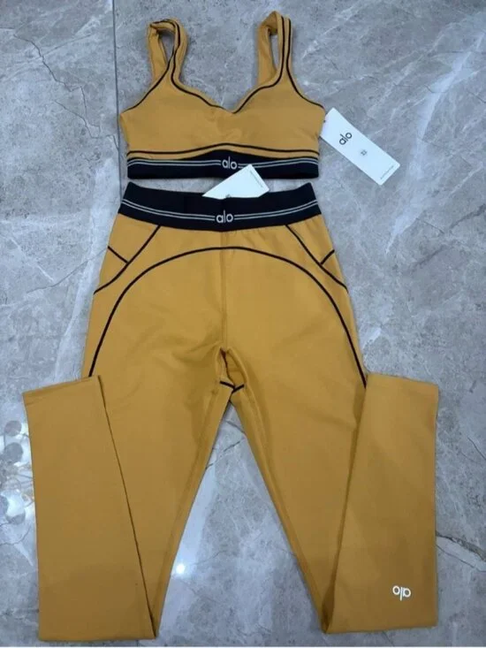 ALO Yoga Mustard Yellow & Black Piping Sports Bra and Leggings Set