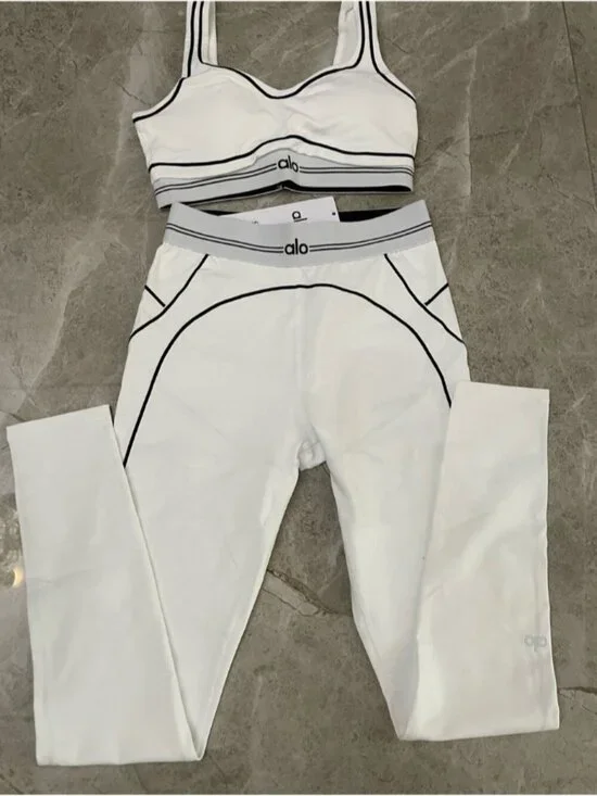 ALO Yoga White High-Rise Leggings with Black Contrast Piping