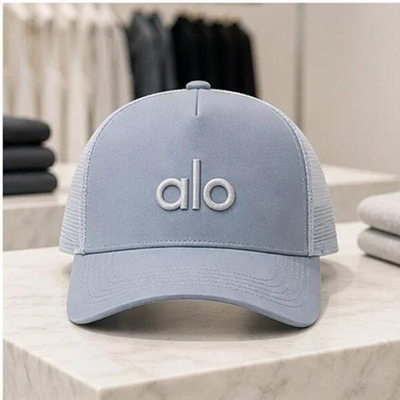 ALO Yoga Mist Blue Gray Boutique Mesh Trucker Cap Hat NWT