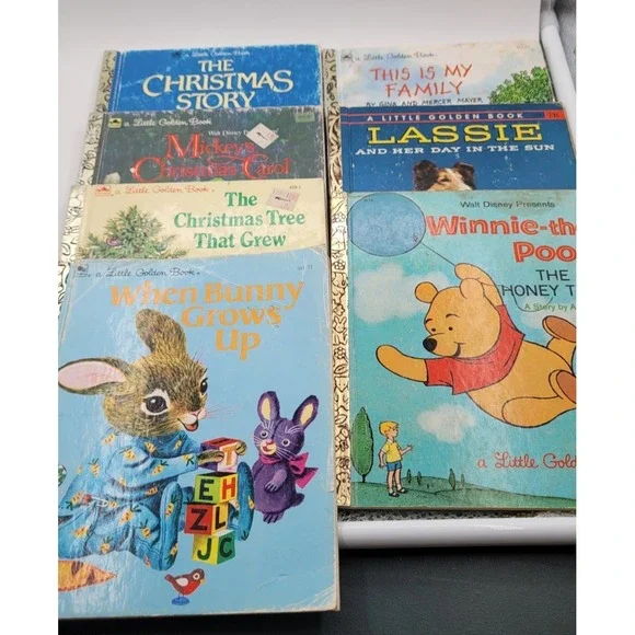 Vintage Lot of‎ 7 Little Golden Books - Pooh, Lassie, Mickey, Christmas