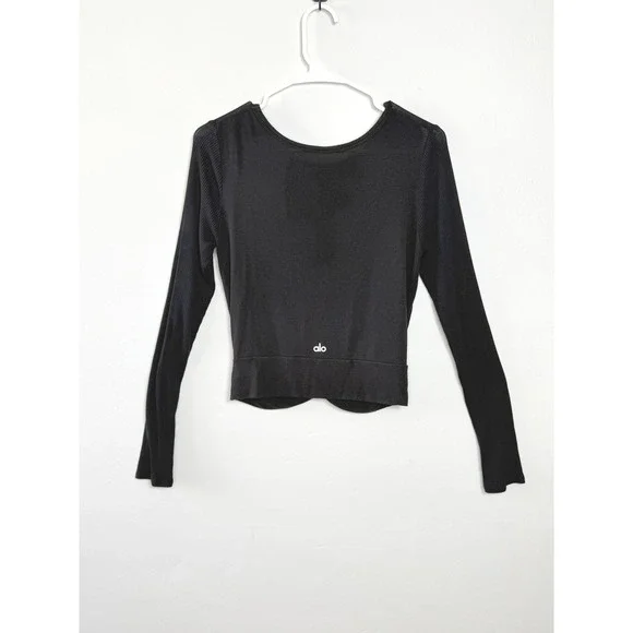 Alo Yoga Long Sleeve Top Women S Black Ribbed Twist Front Athleisure Balletcore‎