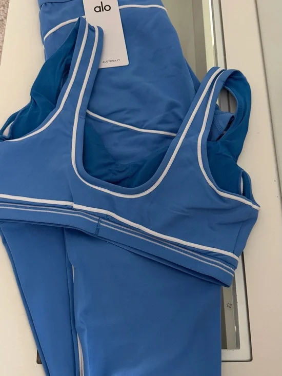 ALO Yoga Blue Sports Bra with White Piping