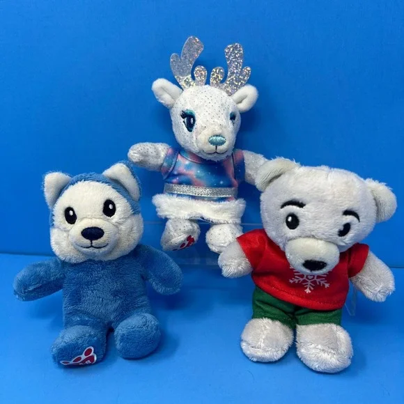3 Build A Bear Plush Lot‎ 5 inch White Grey Blue Reindeer Bear Cat Holiday Dress