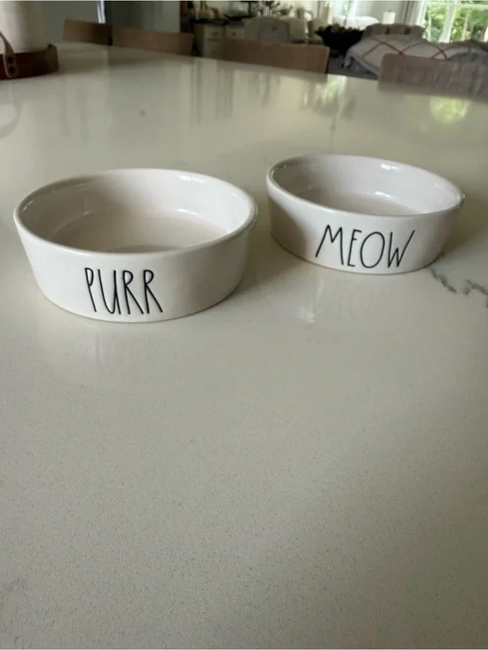 Rae Dunn White Ceramic Cat Bowl Set - PURR & MEOW