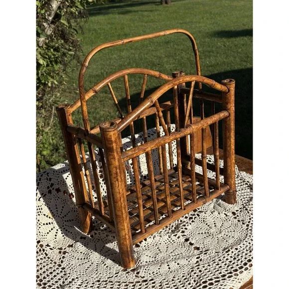 Vintage Bamboo Rattan MCM Magazine Rack Vinyl Storage Holder 14