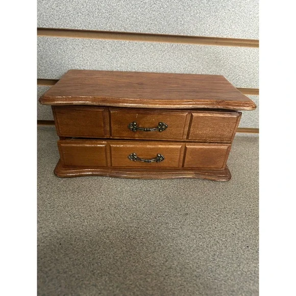 Vintage Wooden Jewelry Box Chest Mirror Ring Rolls 2 Drawers Brown Wood Storage