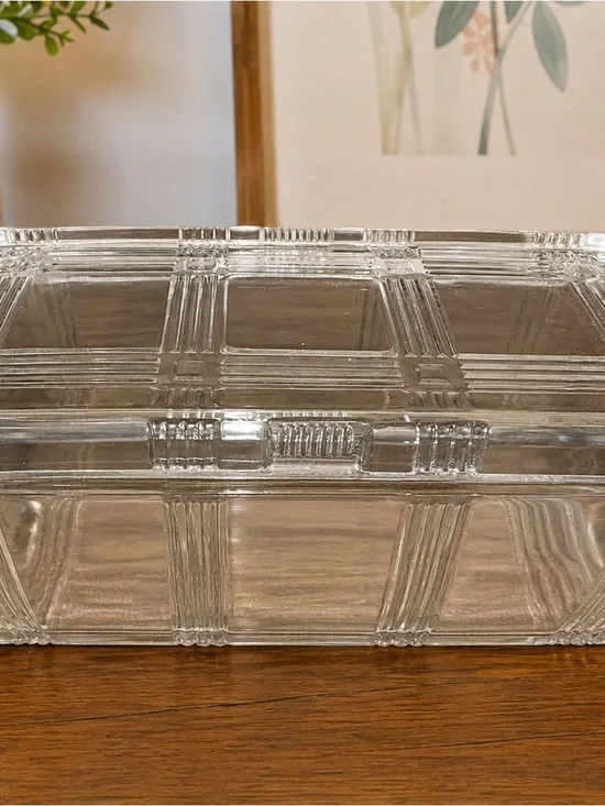 Vintage Clear Pressed Glass Refrigerator Dish w/ Lid Art Deco