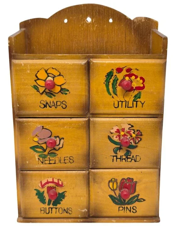 Vtg Wooden Sewing Notions 6 Drawer Wall Table Cabinet Rustic Painted Wood Box