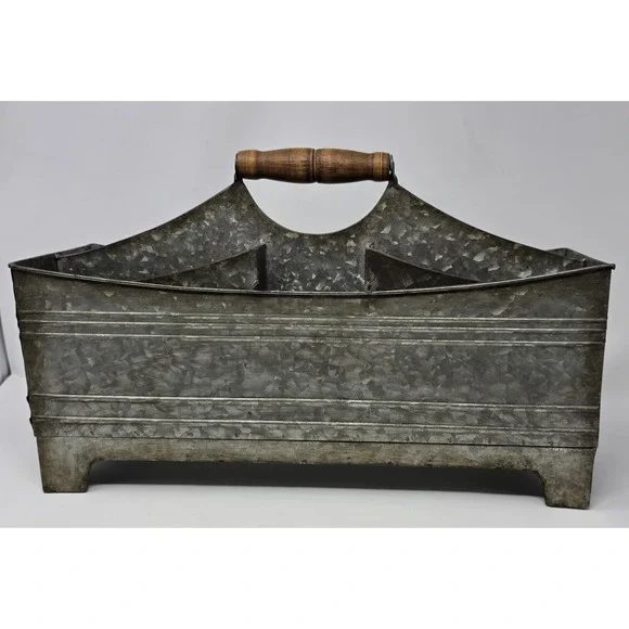 Galvanized Metal Caddy Organizer Wood Handle Farmhouse Divided Tool Box Tray