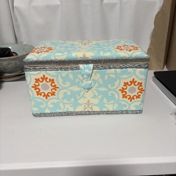 Unbranded Fabric Covered Sewing Box Blue Orange Damask Organizer with Tray