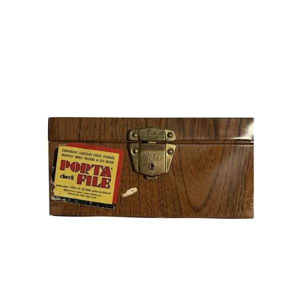 Ballonoff Porta File Check Storage Box Faux Wood Grain‎ Brown Metal Vintage 70s