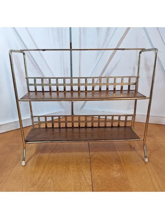 Mid Century 2 Tier Footed Spice Rack Organizer Goldtone Metal 9.5