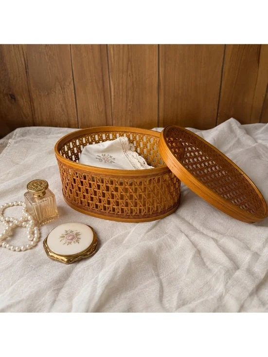 Vintage Shanghai Handicrafts Wicker Basket Lidded Oval Chinese Rattan Box