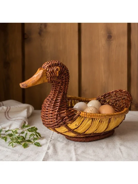 Vintage Wicker Duck Basket Woven Rattan Goose Decorative Storage Basket
