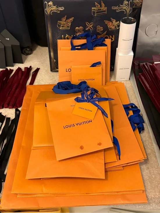 Louis Vuitton Orange Gift Bags with Blue Ribbon Accents