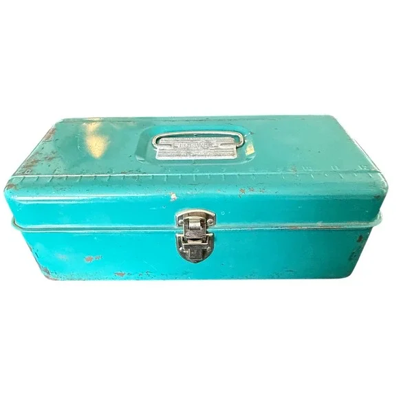 Vintage Liberty Loc-Wel 6665 Metal Toolbox Ruler Lid Teal Steel Chest USA Made