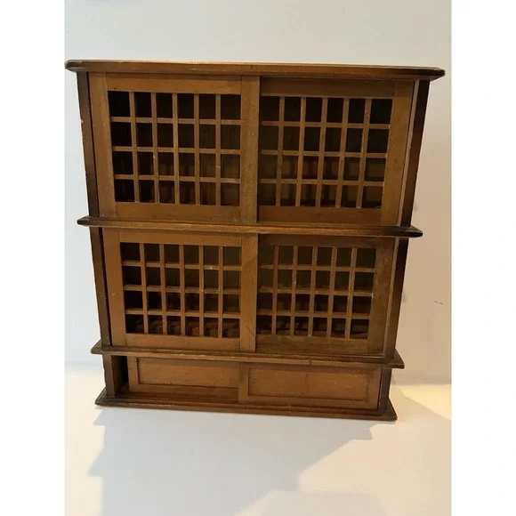 Japanese Tansu Style Display Cabinet Wood Lattice Sliding Doors Shelf