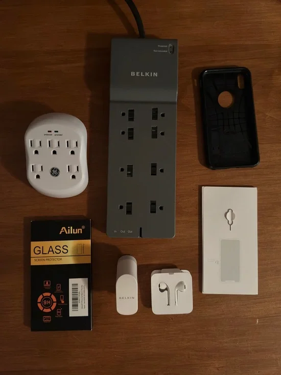 BELKIN POWER STRIP, GE WALL POWER, BELKIN USB HUBS, APPLE EARBUDS