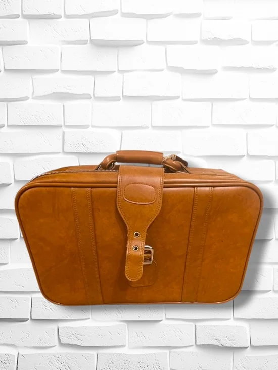 Vintage 1970s World Traveler Caramel Brown Faux Leather Carry-On Suitcase -