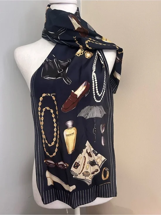 Jones New York 100% Silk Fashion Novelty Print Oblong Scarf Navy Quiet Luxury