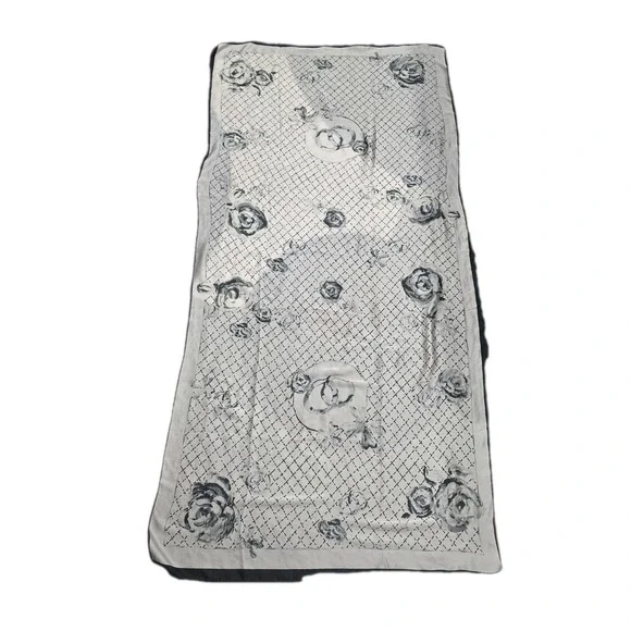 Luxury 100% Mulberry Silk Long‎ Scarf - Elegant Black & White Floral Camellia...