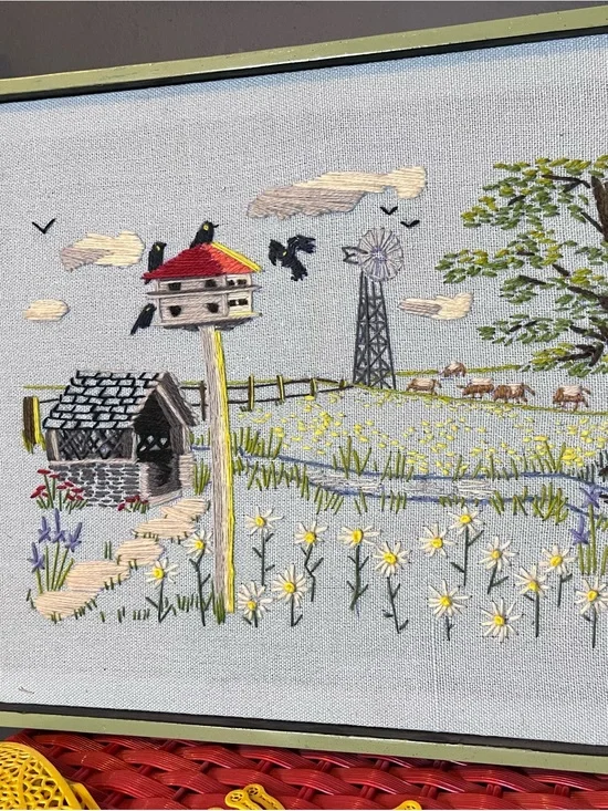 Embroidered Country Meadow Wall Art - Yellow, Red & Green