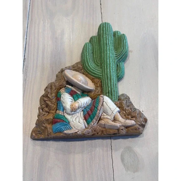 Vintage 1988 Frankie's Designs Sleeping Mexican Man Cactus Wall Plaque‎ Decor