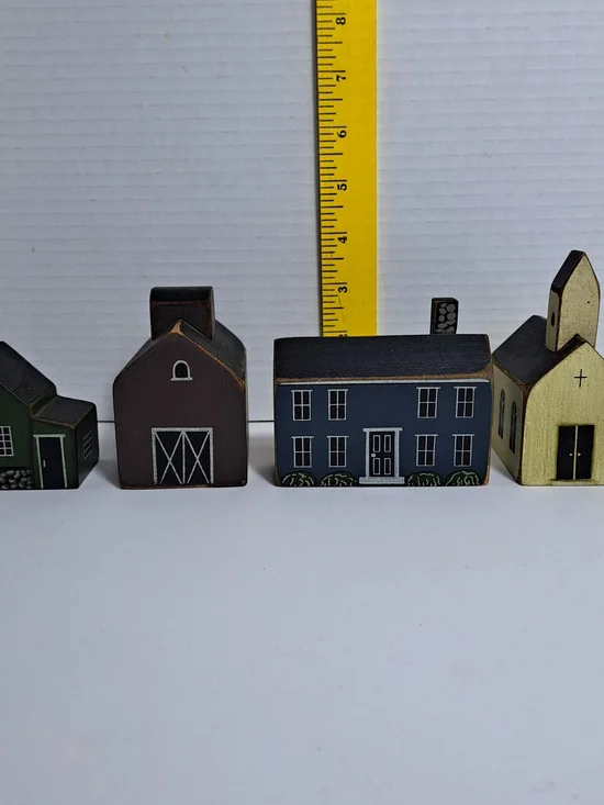 Lot of 4 Vintage Miniature Folk Art-Style Wooden Block Houses by Tender Heart