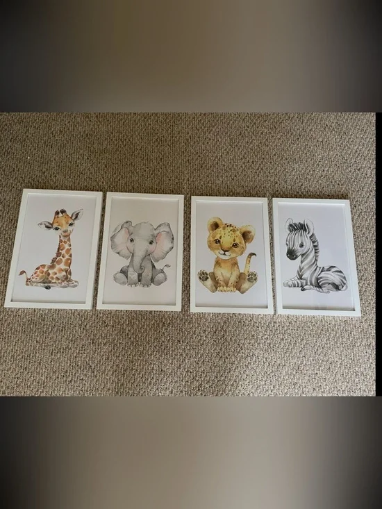 Set of 4 Framed WaterColor Animal Print Pictures