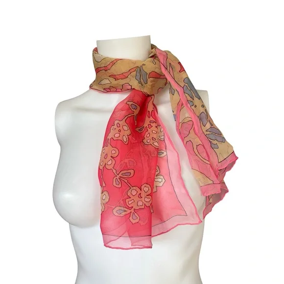 Vintage Sheer Silk Feel Scarf Hot Pink Floral Lightweight