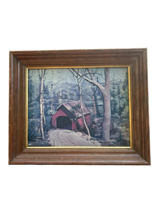 Framed 3-D Rustic Covered Bridge Wall Art - Red & Brown