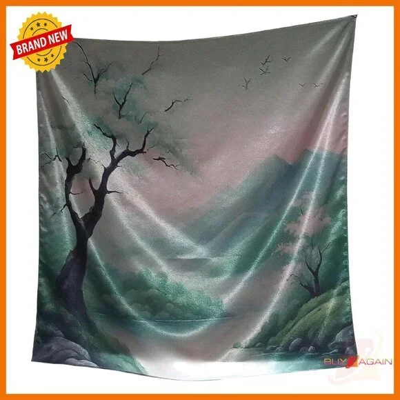 Large 120 Inch Silk Scarf Japanese Landscape Print Lightweight Versatile