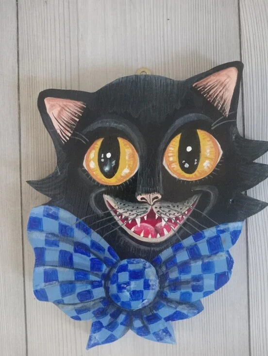 Wooden Laughing Black Cat Head Decorative Wall Plaque with Blue Check Bow