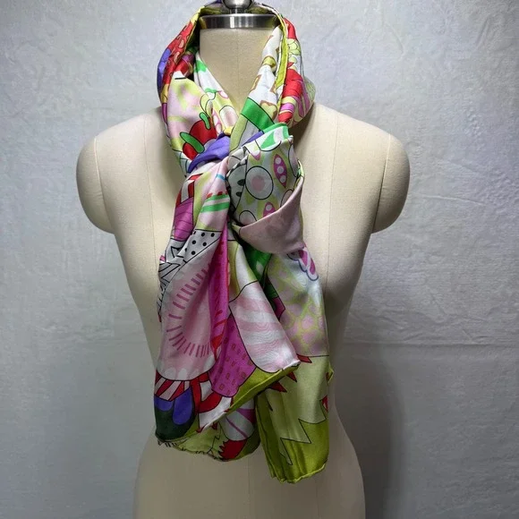 Large‎ Psychedelic Floral Silk Scarf Lime Green Pink Geometric 53x53 Made France