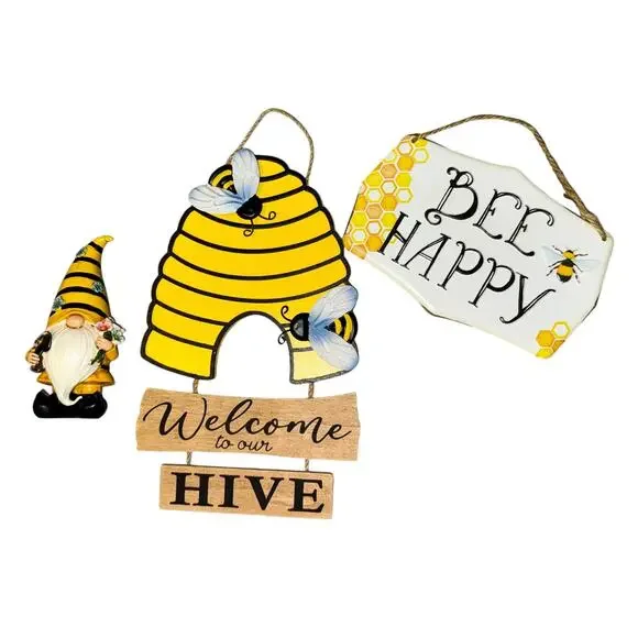 Bee Decor 3 Piece Bundle Signs Gnome Hive Black Yellow‎ Kitchen Gift Welcome