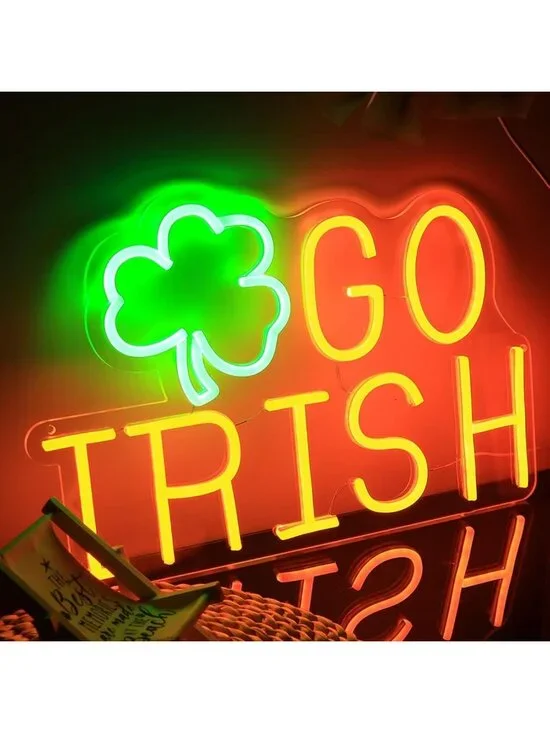 Neon Shamrock Sign - Green & Orange IRISH Wall Light Decor for St. Patrick's Day
