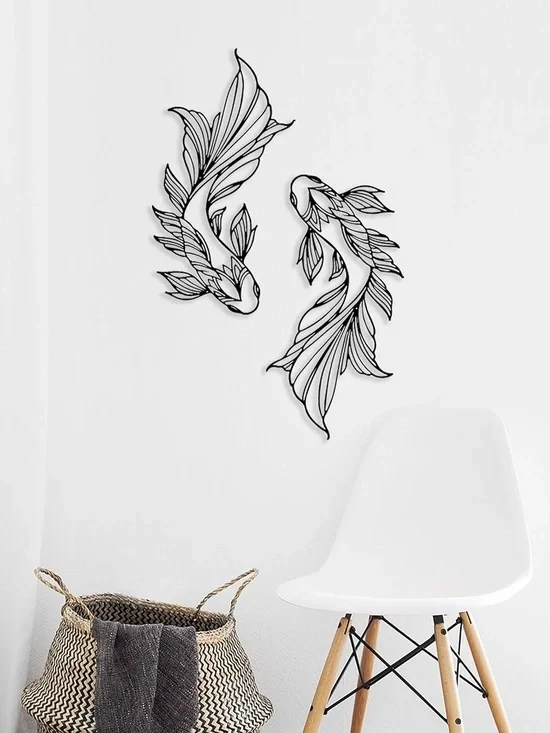 Black Koi Fish Wall Art - Minimal Metal Outline Decor Set of 2
