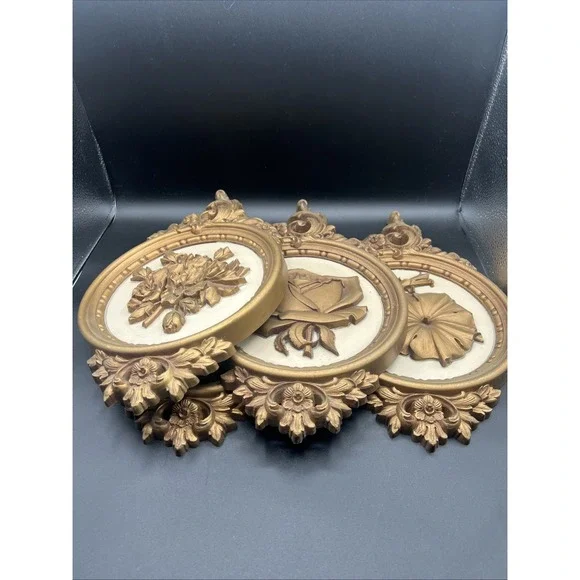 Set‎ Of 4 VTG 70's Dart Syroco Gold Plastic Floral Design Old Hollywood Wall Art