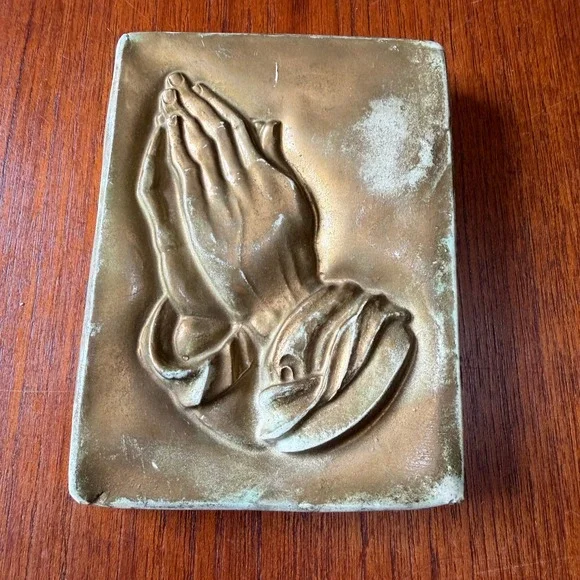 Vintage Praying Hands Plaster Wall Plaque Gold Patina Religious Art Spiritual