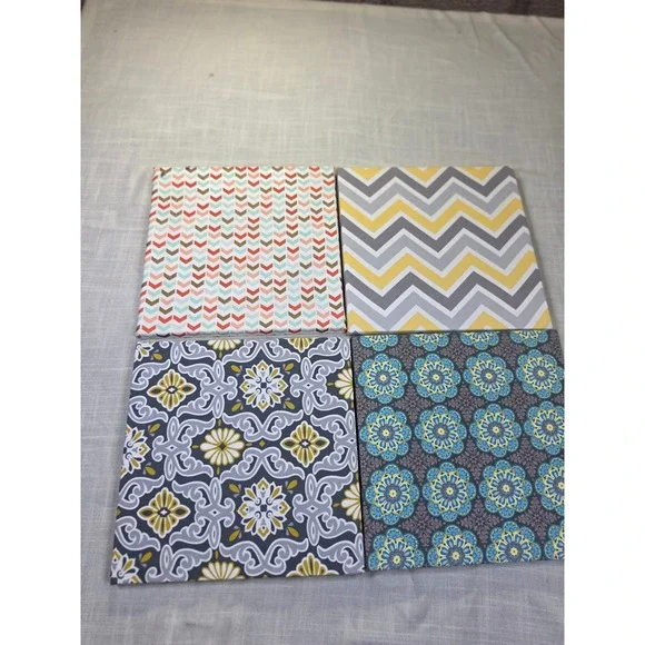 Set of 4 Canvas Wall Art 12x12 Yellow Grey Teal Chevron Floral Geometric Prints