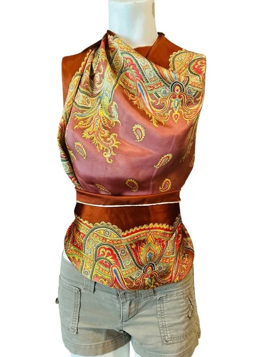 100% Silk Skinny Scarf Twilly Colorful Baroque Como Italy Vintage‎  big see pics