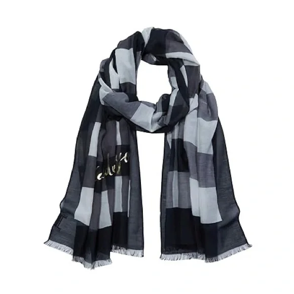 KATE SPADE PARTY PLAID SILK AND COTTON OBLONG SCARF BLACK WHITE 80” x 25” NWOT