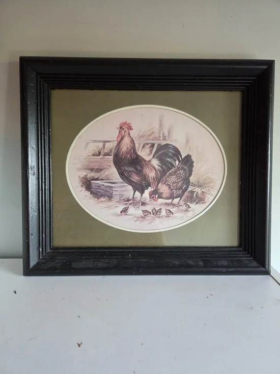 Framed Rooster & Hen Wall Art - Black Frame