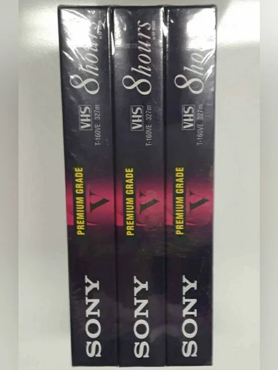 New With Tag Sealed 3X Sony VHS 8 Hour Tape, Old Stock. Premium Grade