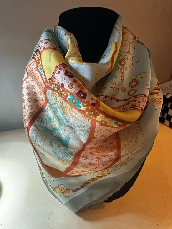 Silk-Feel Floral Panel Scarf in Yellow, Blue & Cream